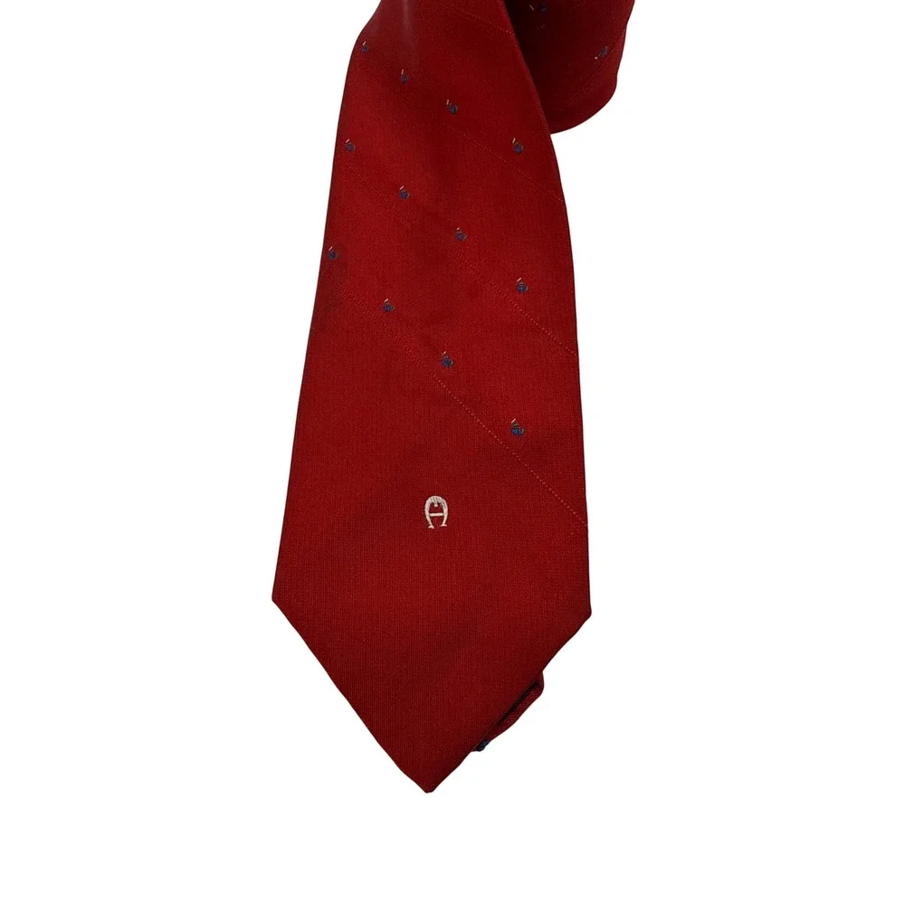 Etienne Aigner Necktie Red Excellent Vintage Horseshoe Logo Pattern